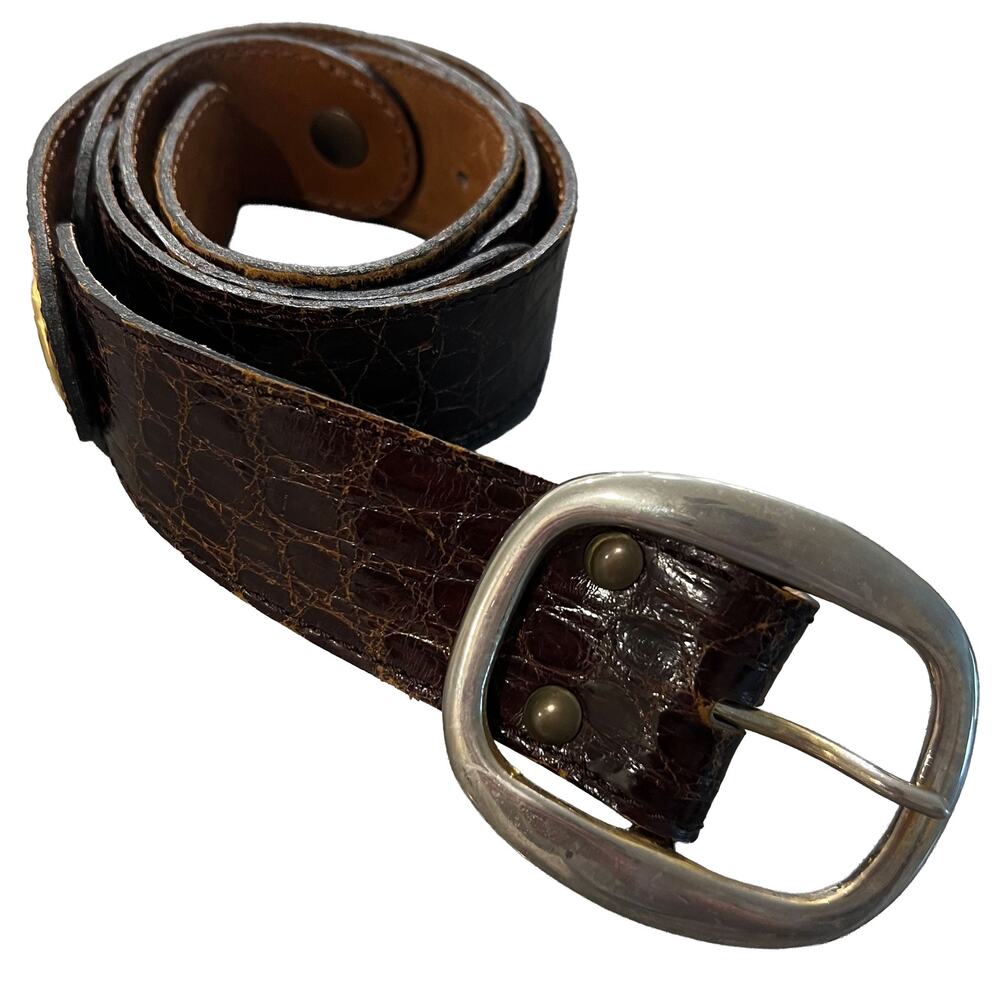 Vintage Sepcoeur Genuine Crocodile Leather Studded Belt Brown 90 French Luxury